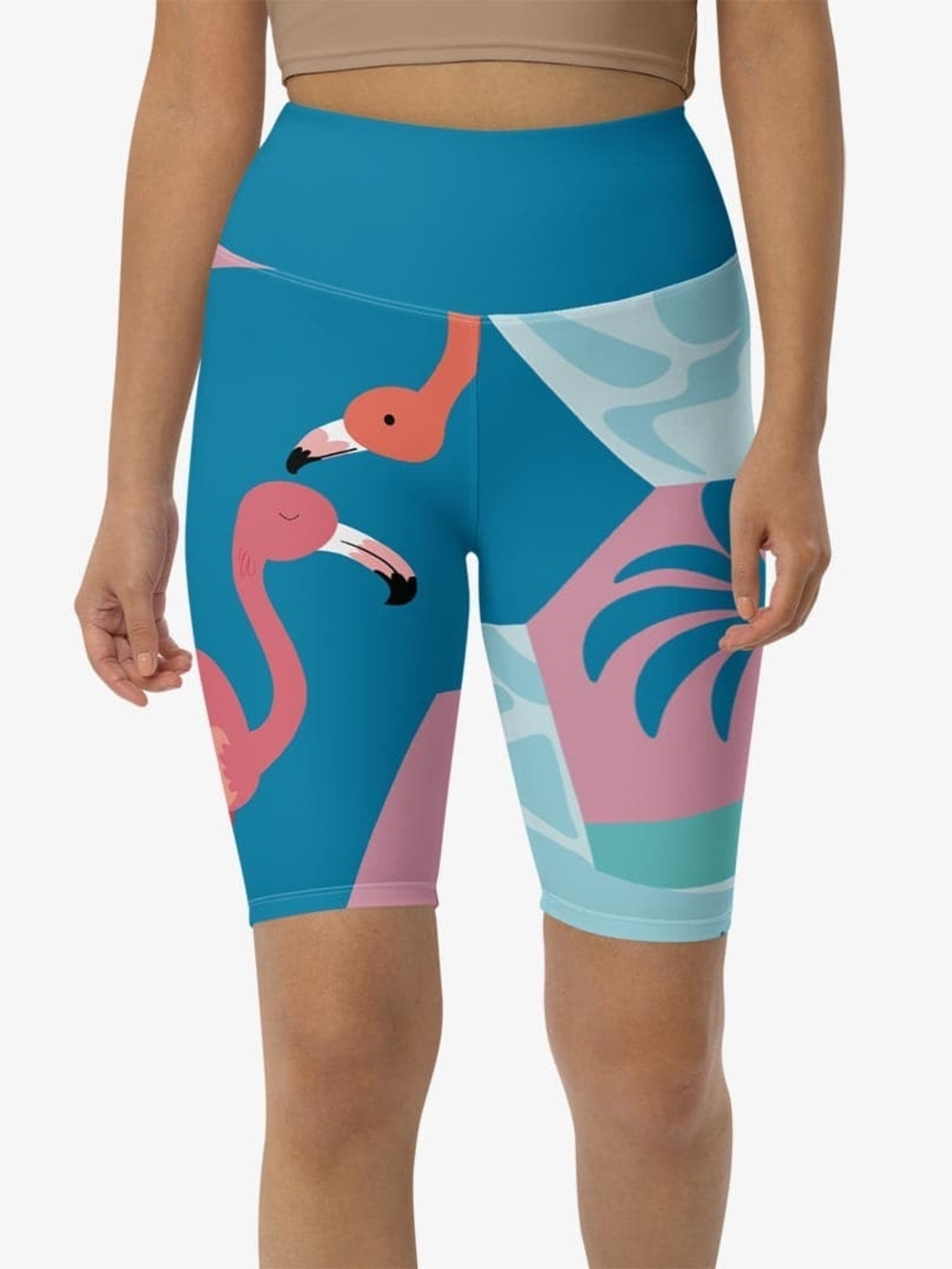 Looney Legs Women's High-Waist Teal Flamingo Print Bike Shorts